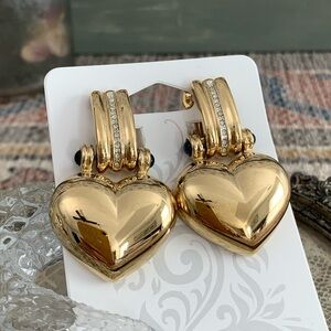 Vintage Signed Pierre Lang PL Sapphire Cabochons Rhinestones Gold Clip Earrings